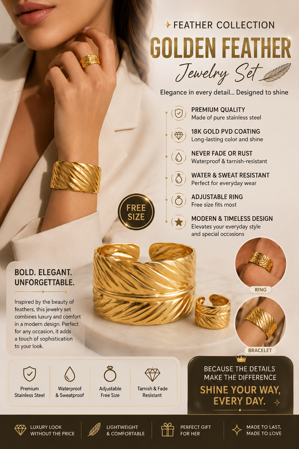 Gold Feather Texture Cuff Bracelet