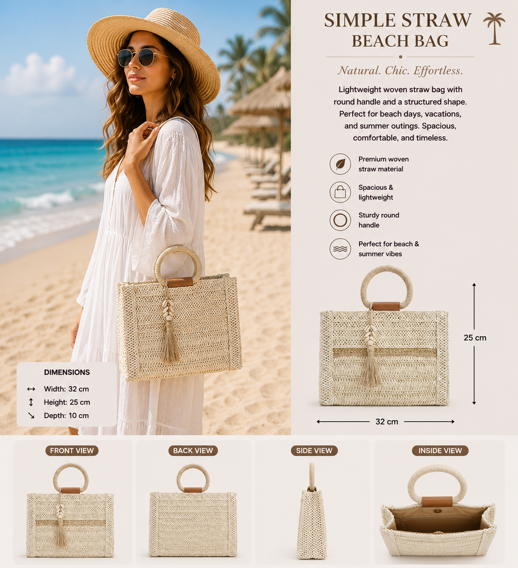 Ivory Straw Ring Handle Tote Bag