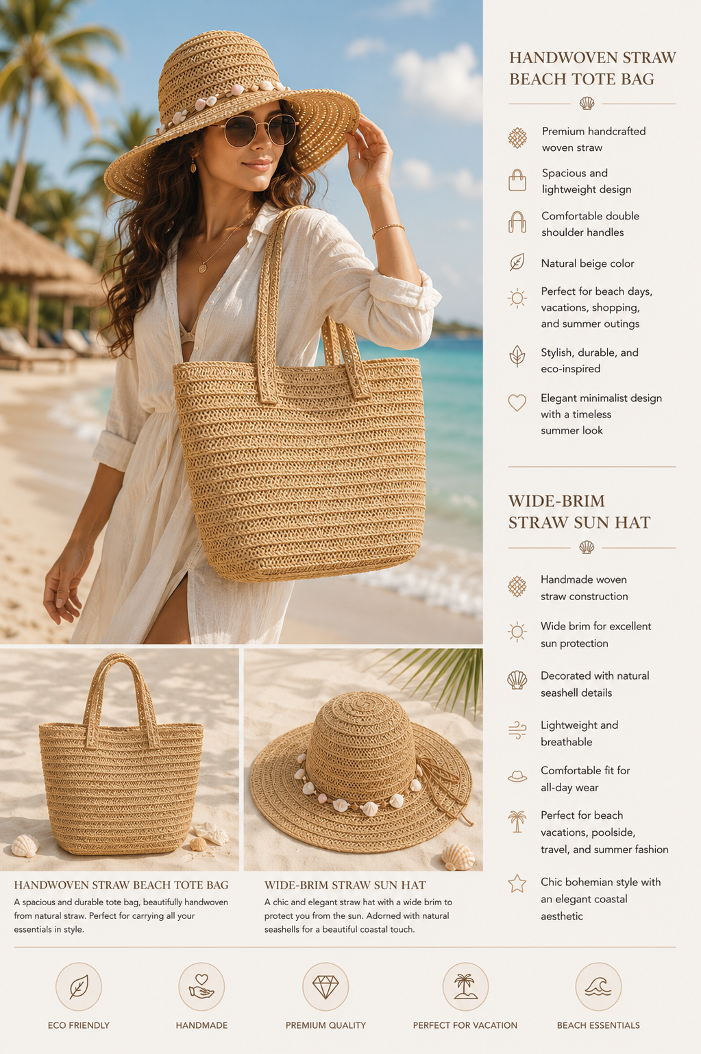 Handwoven Straw Beach Tote Bag