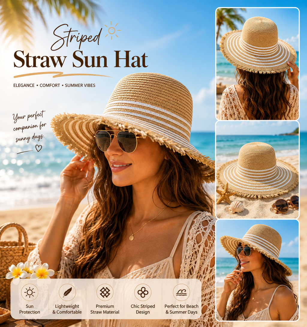 Wide Brim Straw Hat with White Stripe
