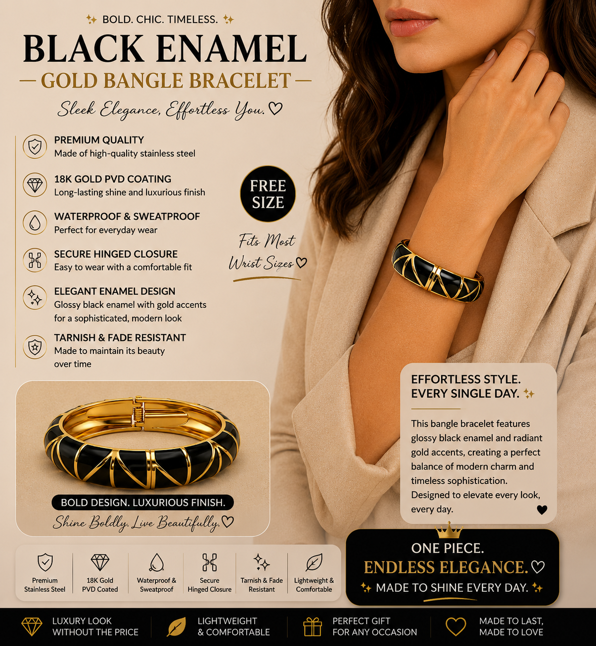 Black Enamel Geometric Bangle Bracelet