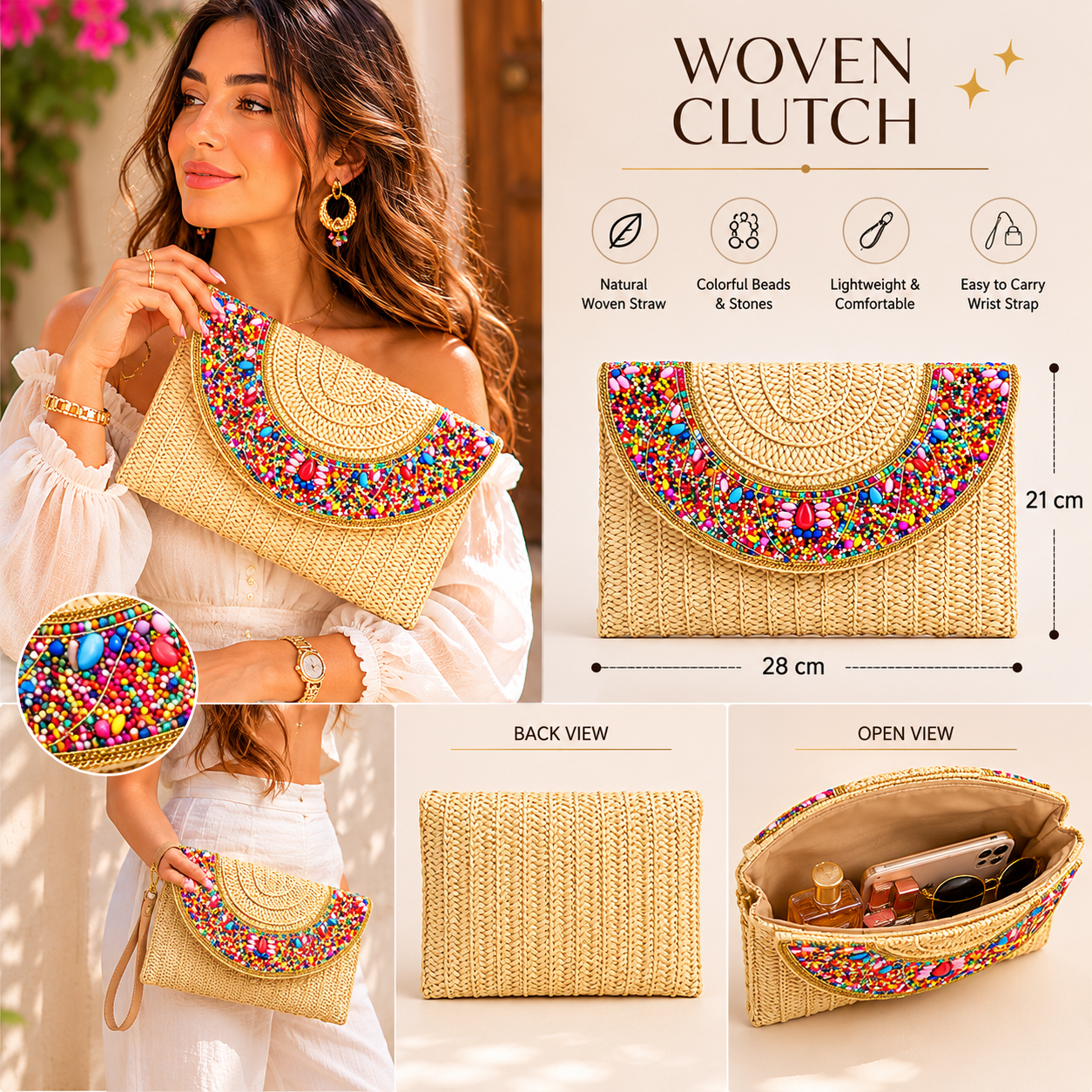 Straw Wristlet Clutch with Colorful Beaded Trim
