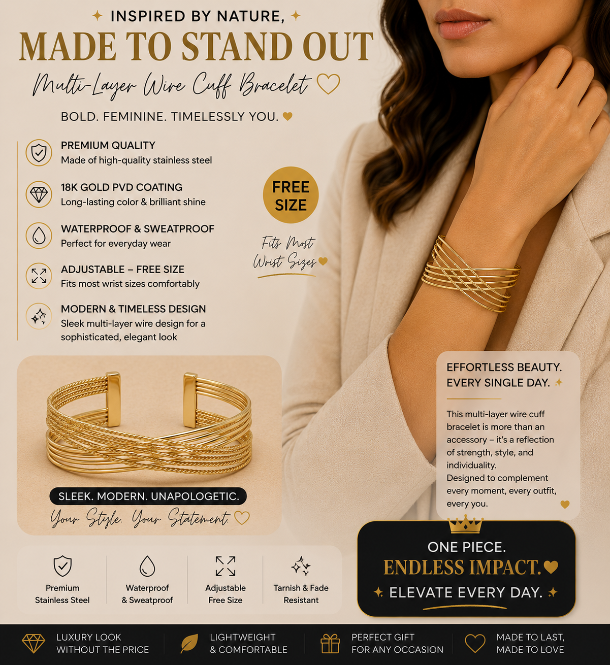 Gold Multi-Wire Crossover Cuff Bracelet