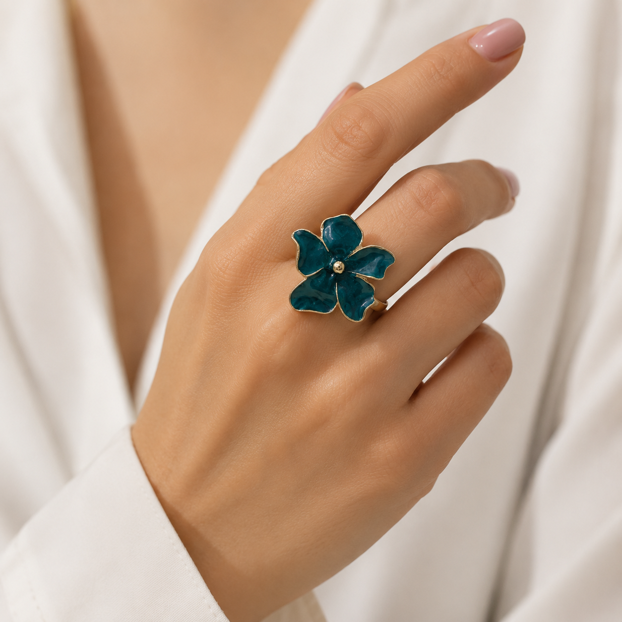 Teal Flower Enamel Ring