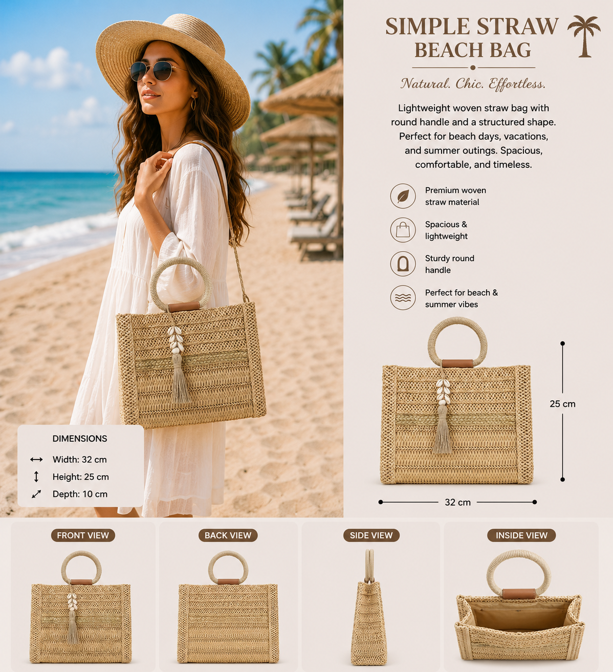 Natural Straw Ring Handle Tote Bag