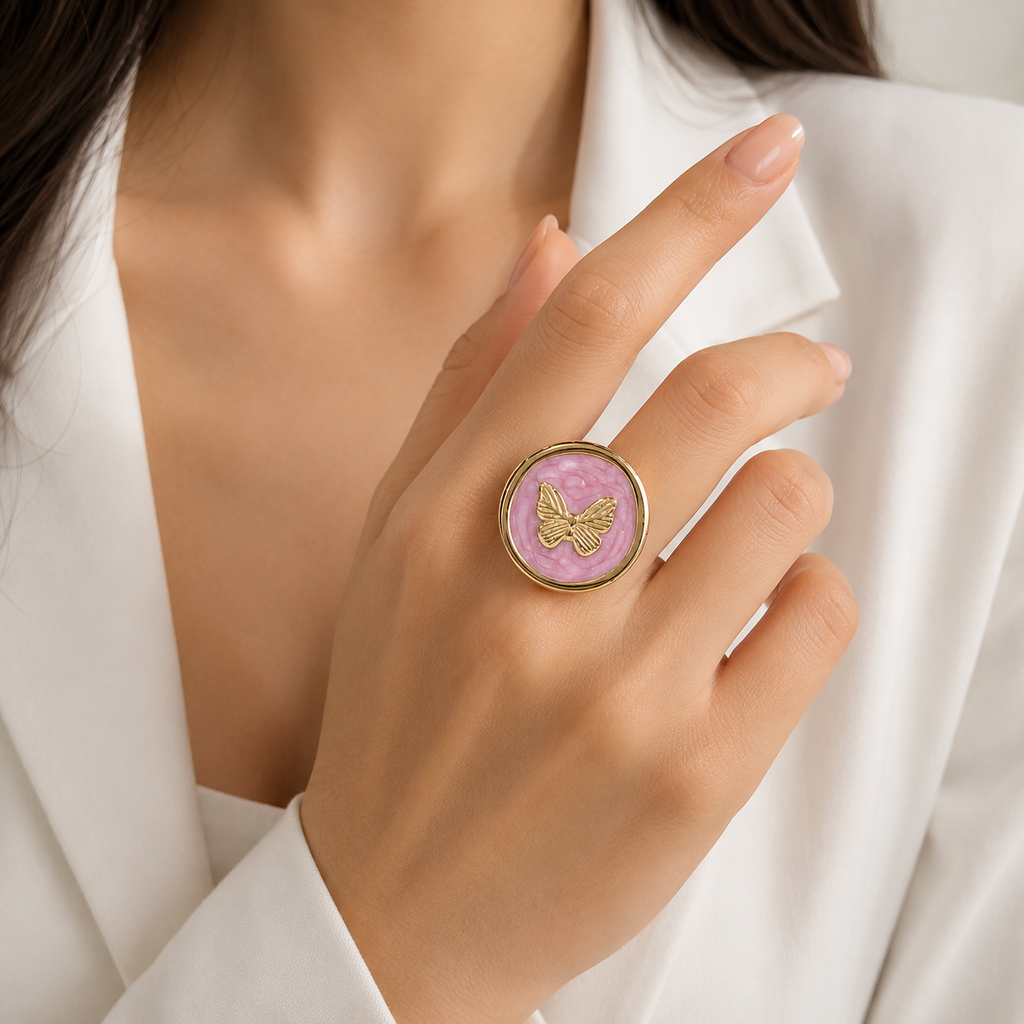 Pink Butterfly Enamel Ring