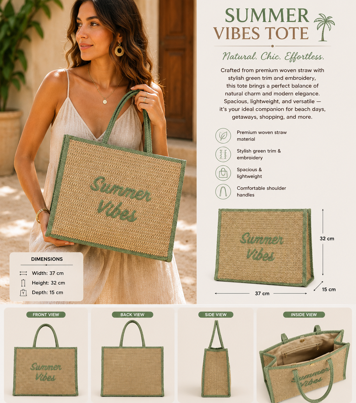 Summer Vibes Straw Tote Bag – Green