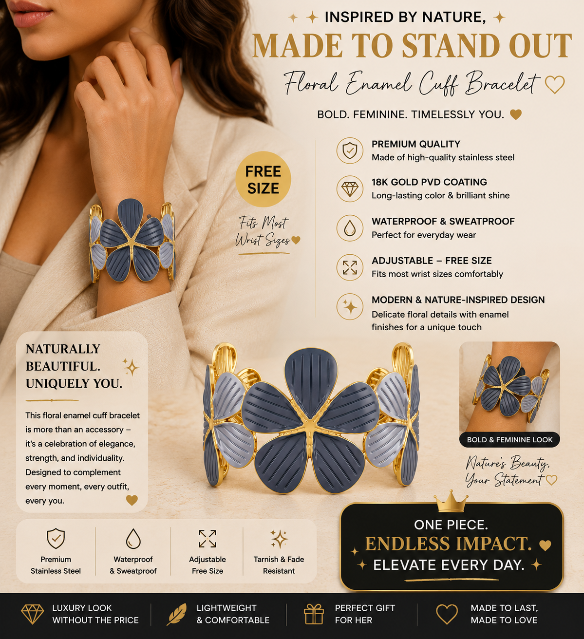 Two-Tone Enamel Flower Cuff Bracelet
