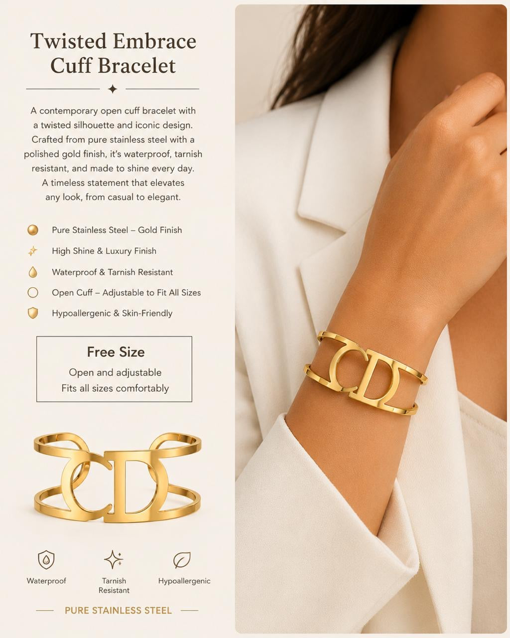 Gold CD Logo Double Bar Cuff Bracelet