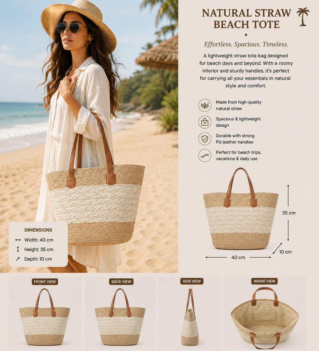 Two-Tone Straw Tote Bag – Cream Stripe