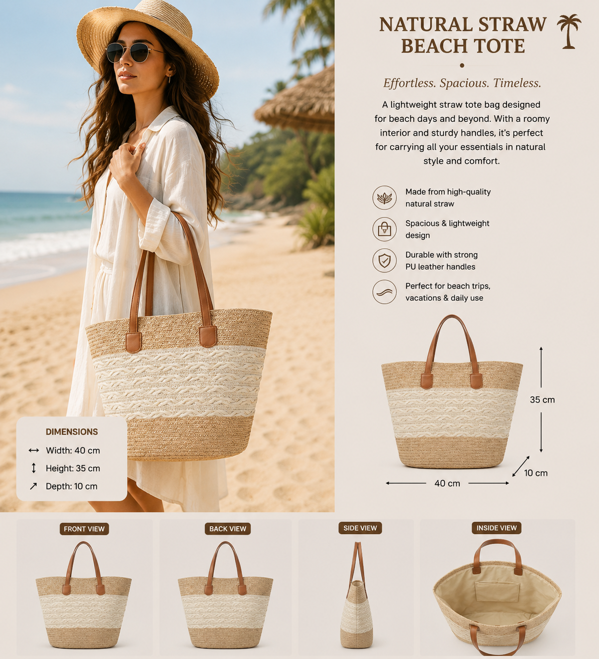 Two-Tone Straw Tote Bag – Cream Stripe