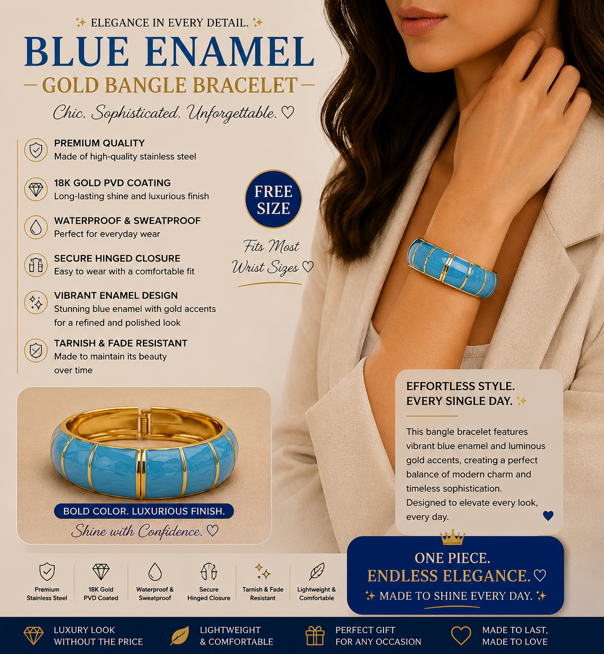 Blue Enamel Dome Bangle Bracelet