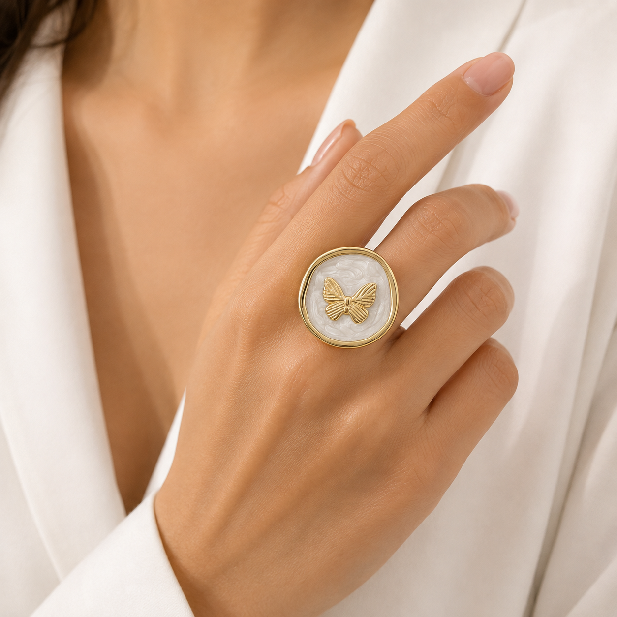 White Butterfly Enamel Ring