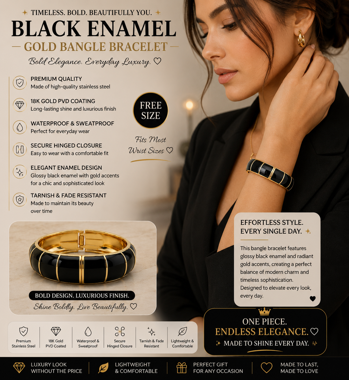 Black Enamel Striped Bangle Bracelet