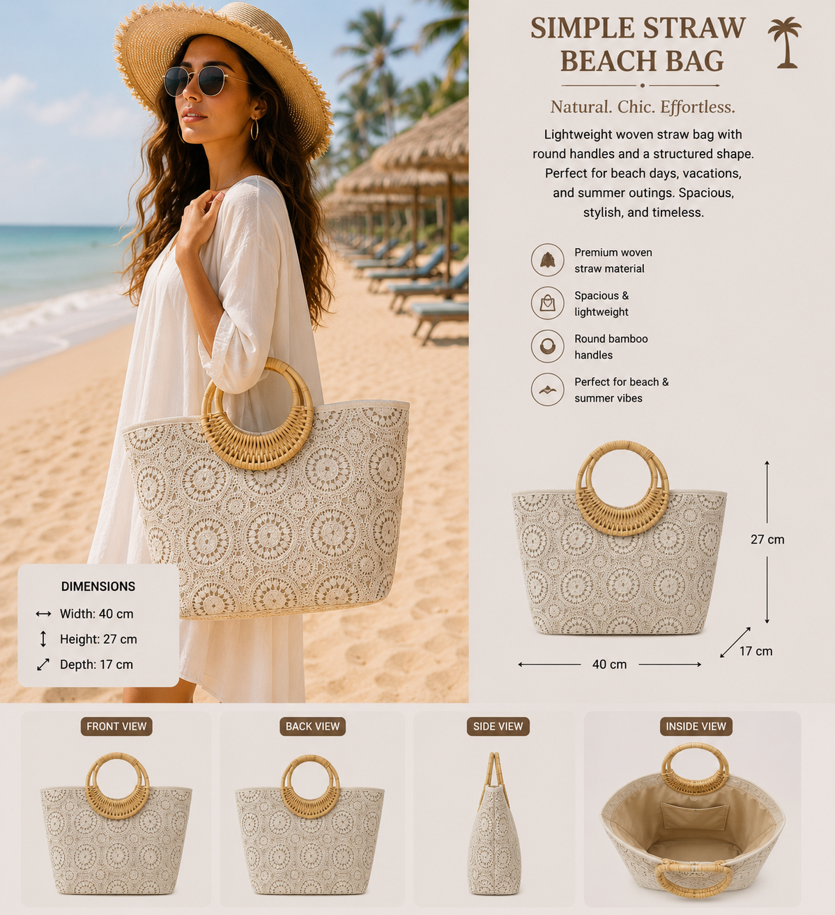 Ivory Medallion Tote Bag with Bamboo Handles