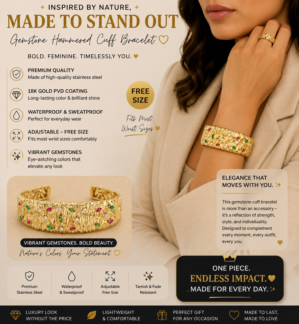 Gold Multi-Gem Scattered Cuff Bracelet