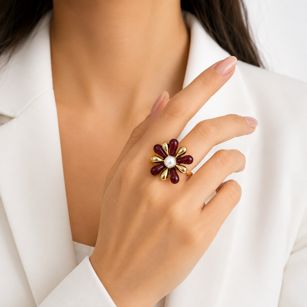 Burgundy Gold Flower Ring