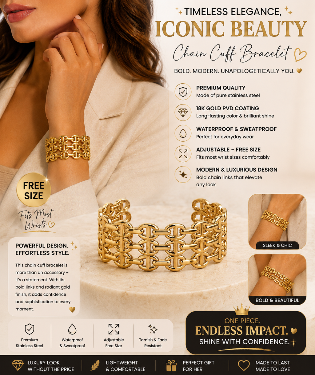 Gold Triple Chain Link Cuff Bracelet