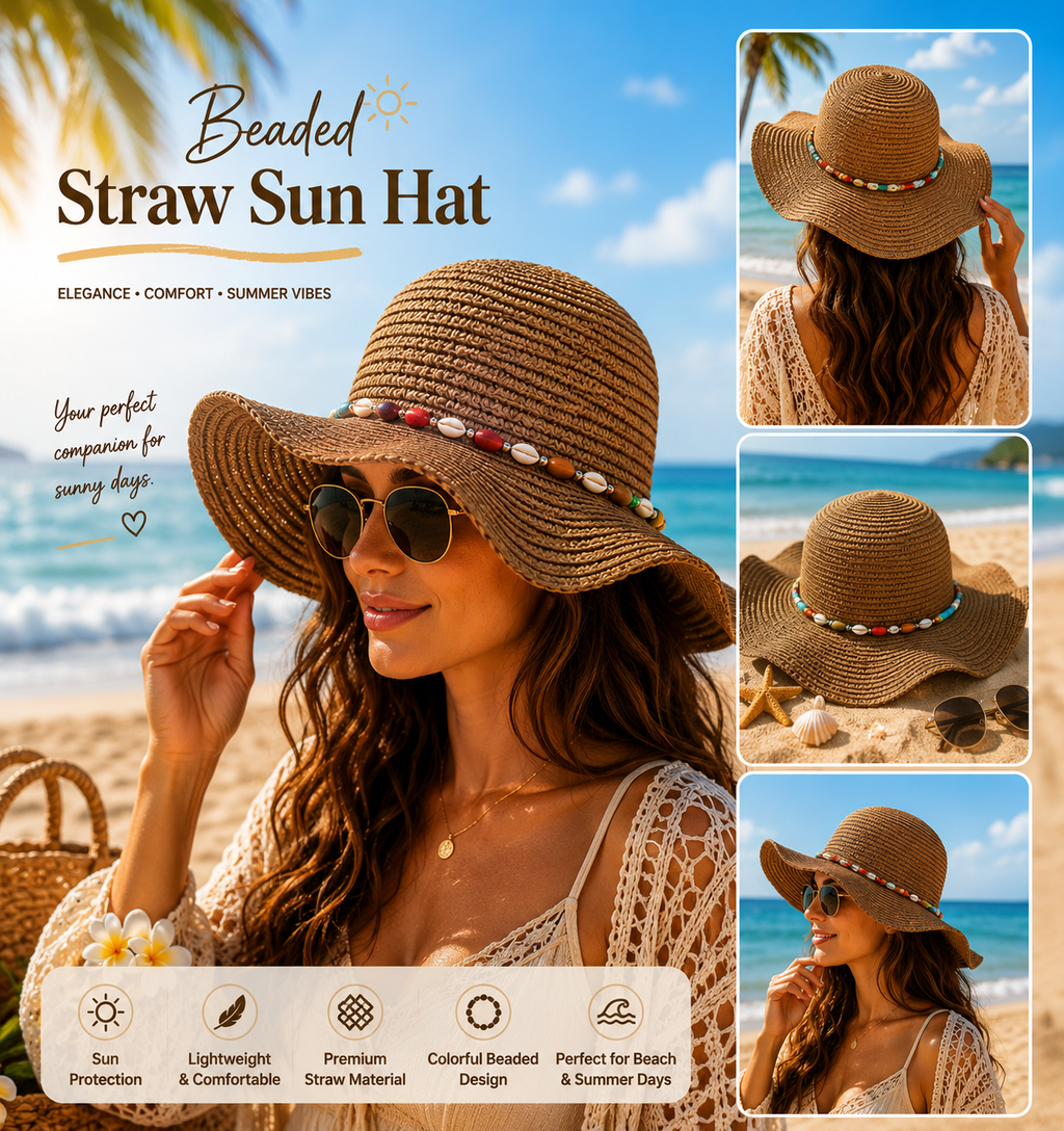 Brown Straw Hat with Shell Bead Band