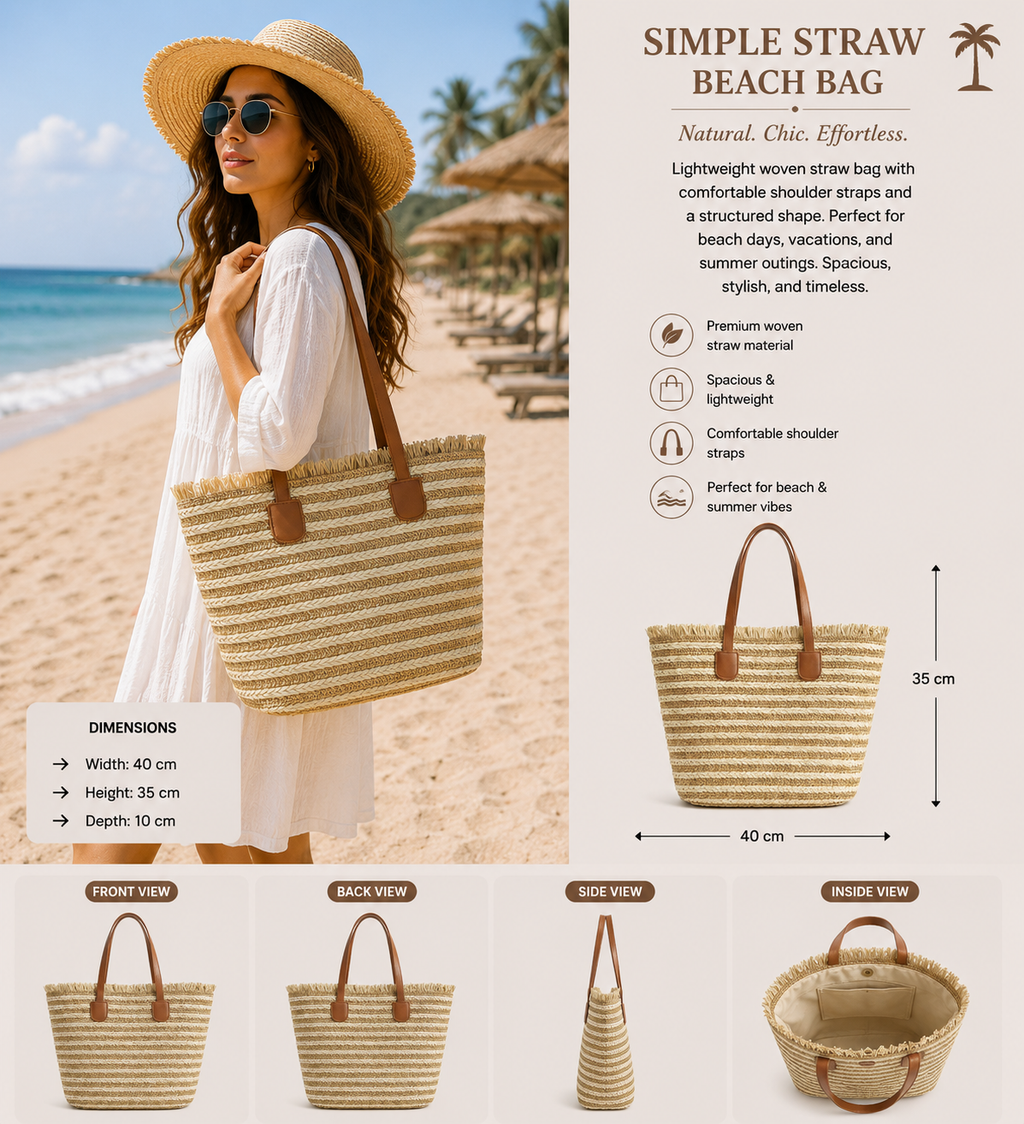 Striped Straw Tote Bag with Leather Handles