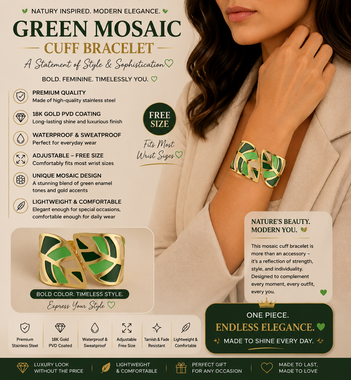 Two-Tone Green Enamel Leaf Cuff Bracelet