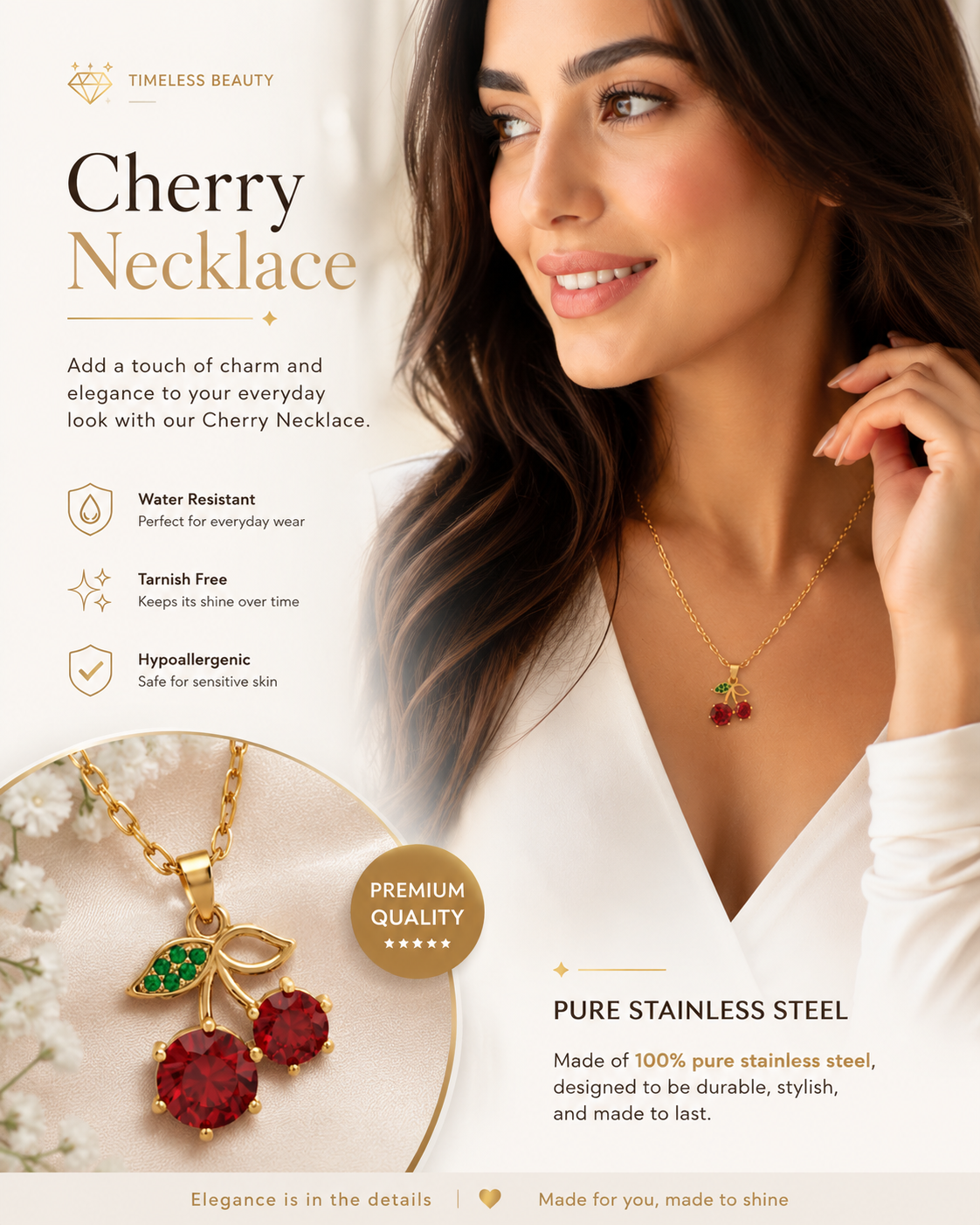 Gold Cherry Crystal Pendant Necklace