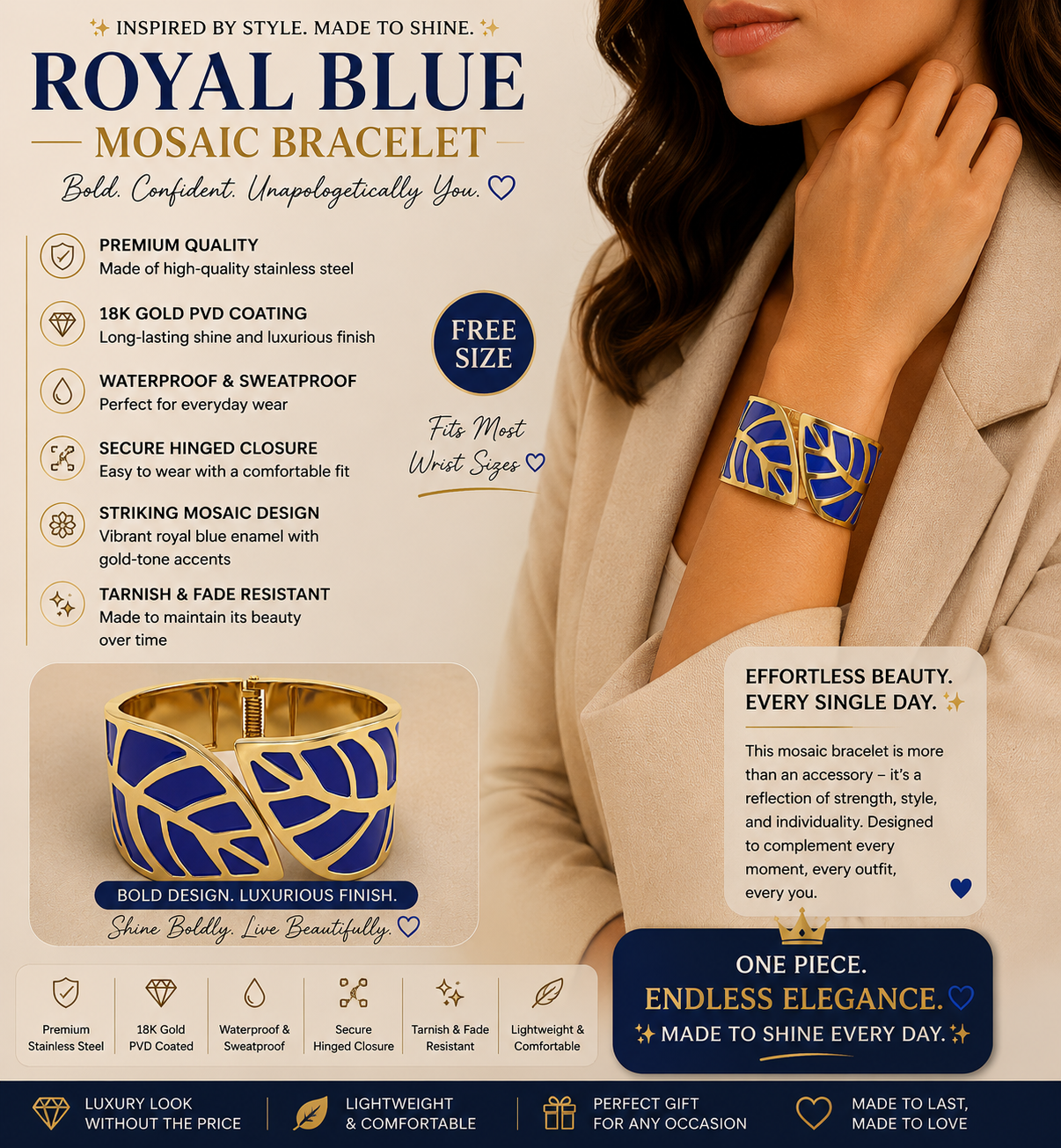 Blue Enamel Leaf Hinged Cuff Bracelet