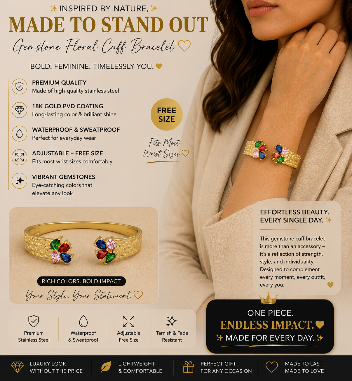 Gold Floral Gem Open Cuff Bracelet