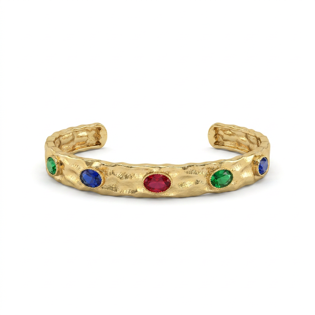 Gold Gemstone Hammered Cuff Bracelet