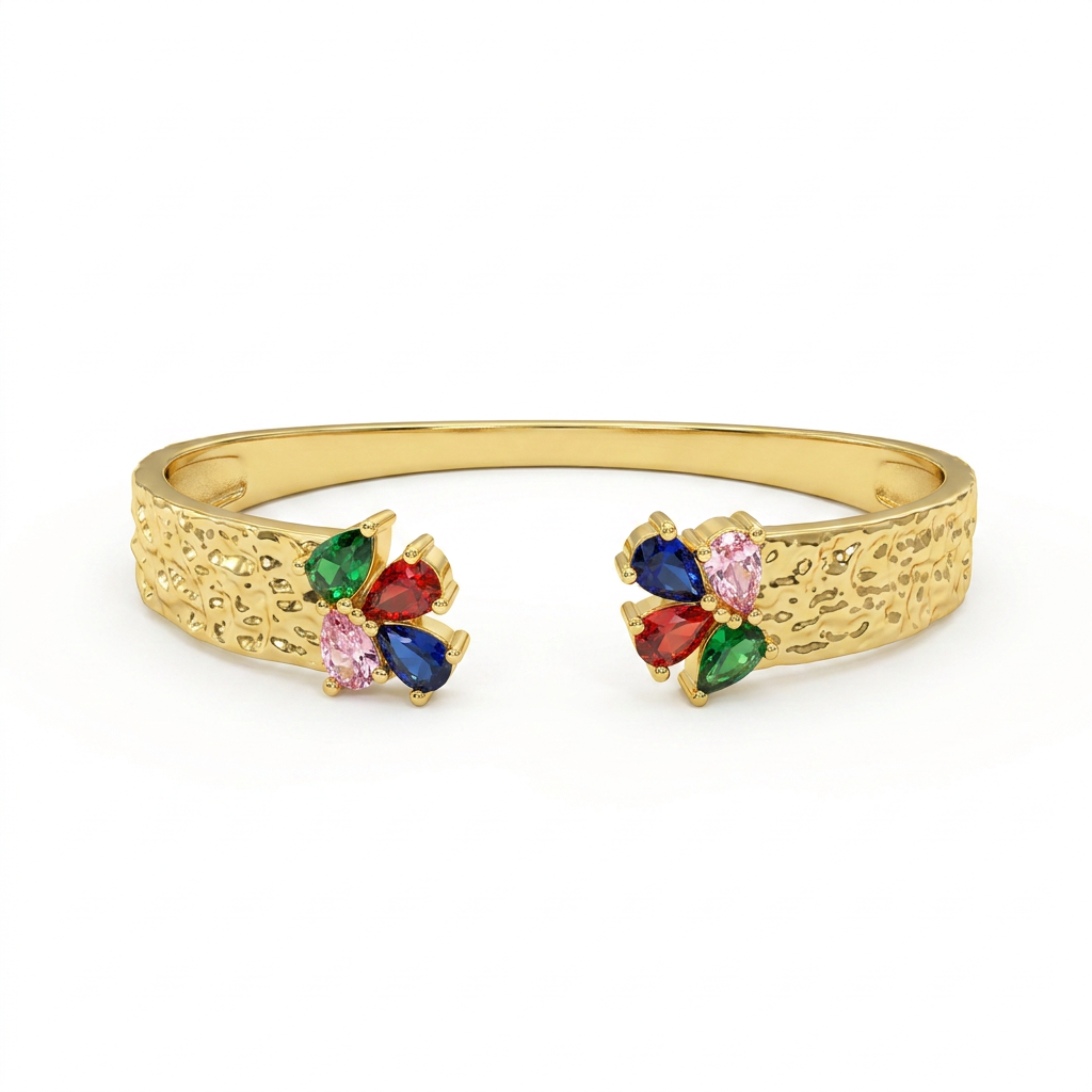 Gold Floral Gem Open Cuff Bracelet