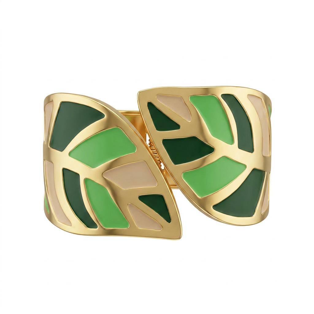 Two-Tone Green Enamel Leaf Cuff Bracelet