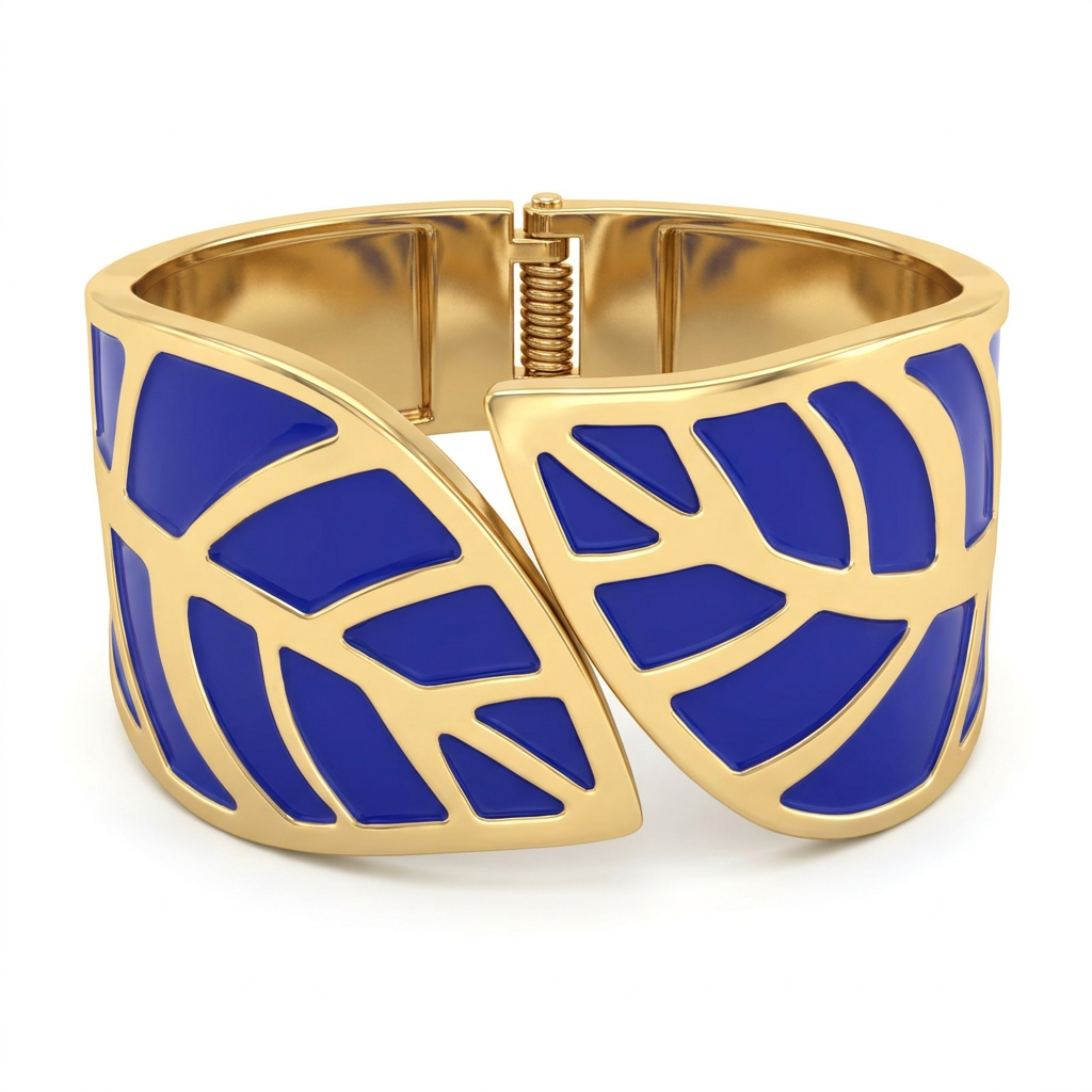 Blue Enamel Leaf Hinged Cuff Bracelet