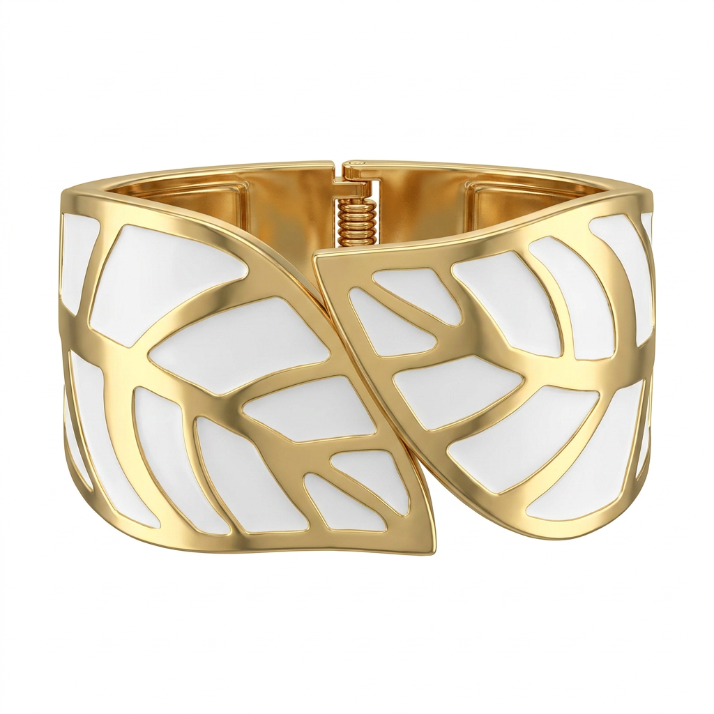White Enamel Leaf Hinged Cuff Bracelet
