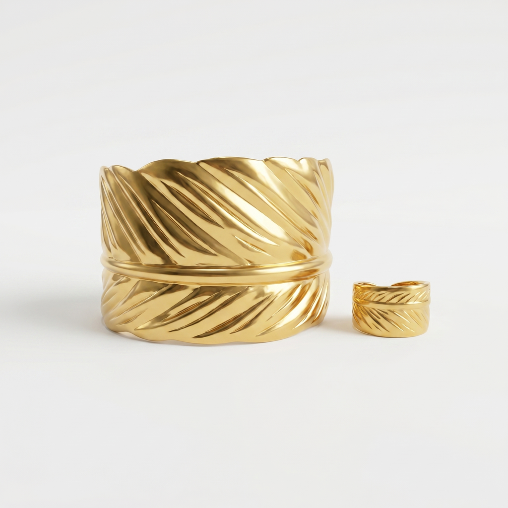 Gold Feather Texture Cuff Bracelet