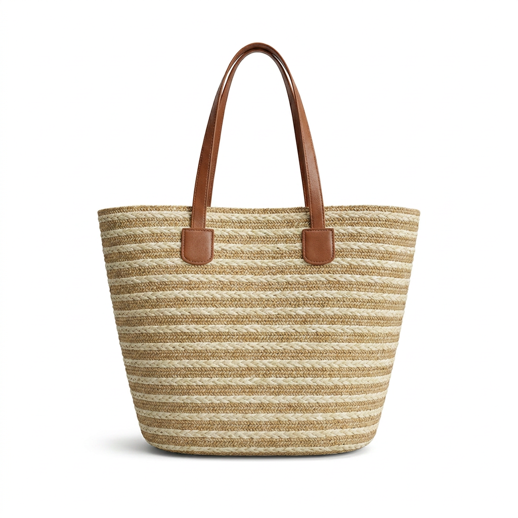 Striped Straw Tote Bag with Leather Handles