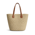 Striped Straw Tote Bag with Leather Handles