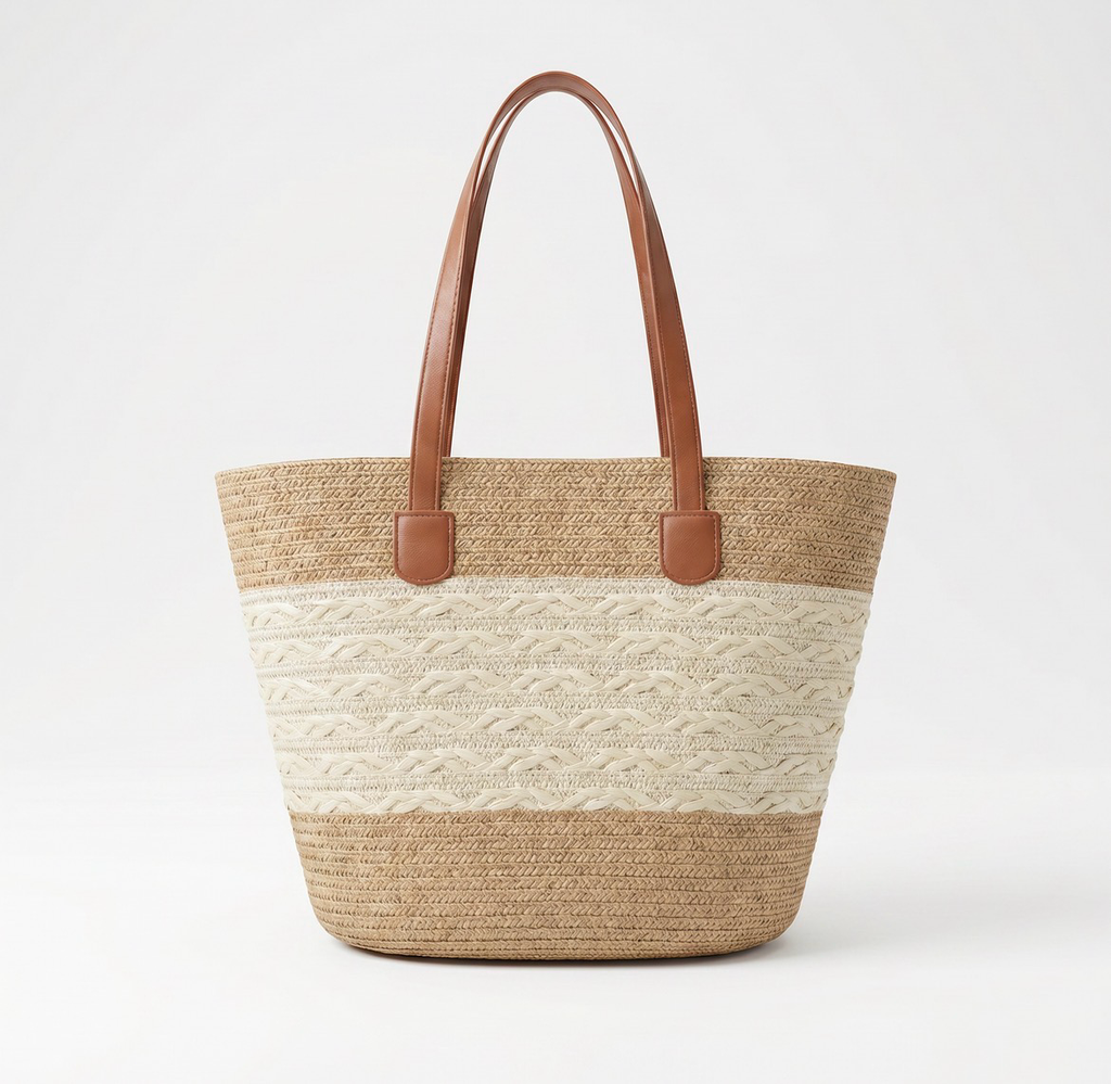 Two-Tone Straw Tote Bag – Cream Stripe