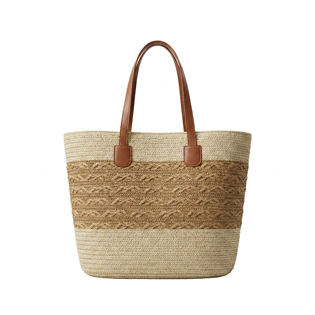 Two-Tone Straw Tote Bag – Brown Stripe