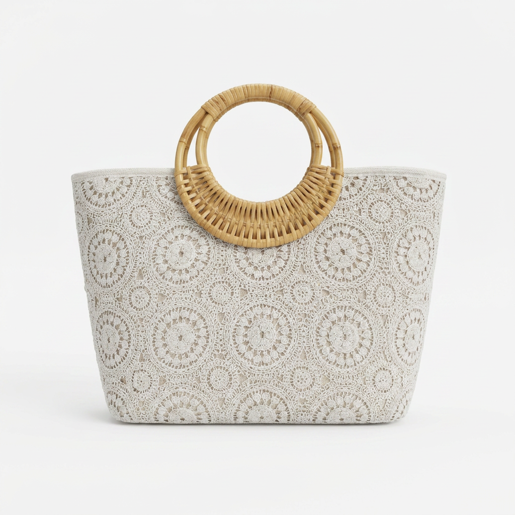 Ivory Medallion Tote Bag with Bamboo Handles