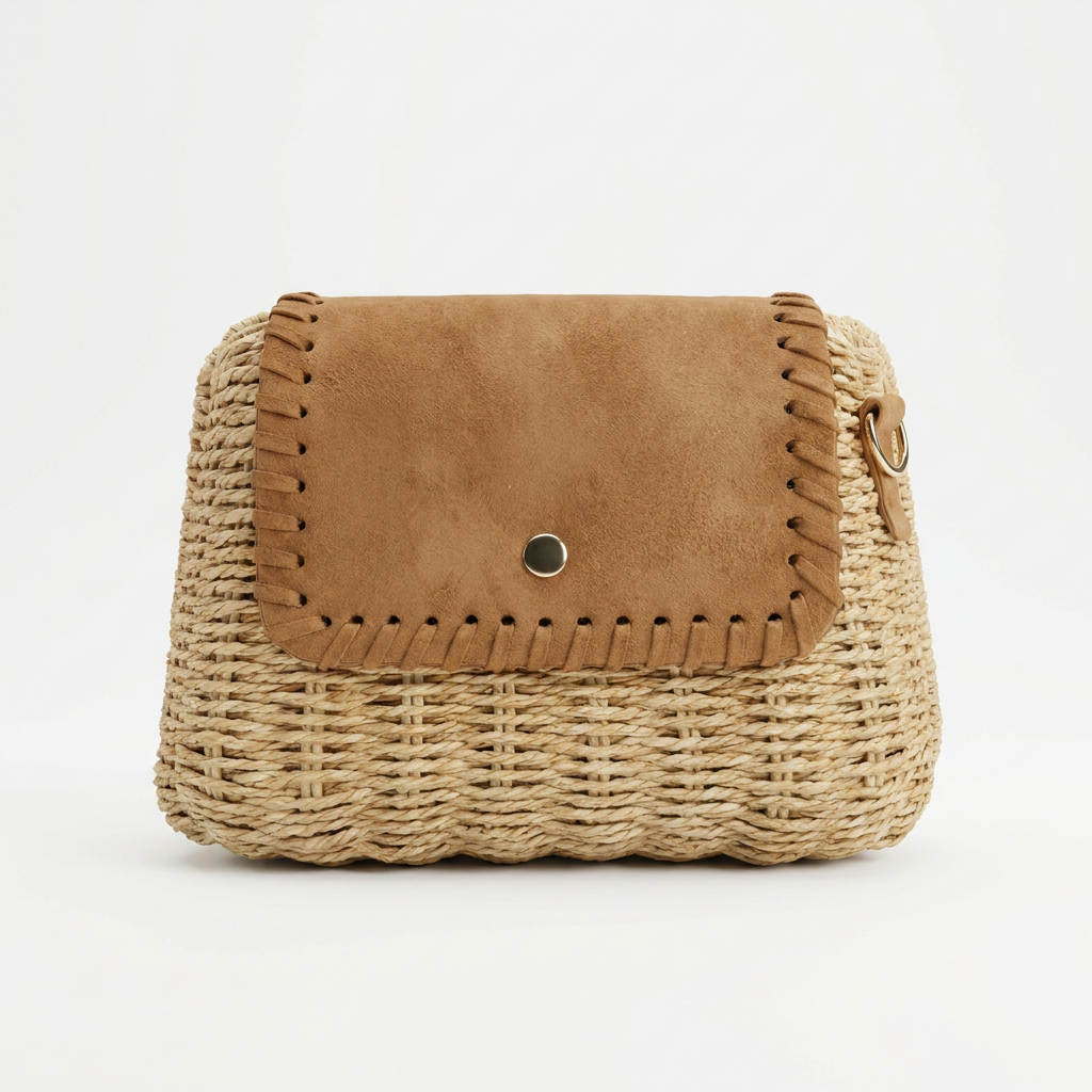 Wicker Crossbody Bag with Suede Flap – Light