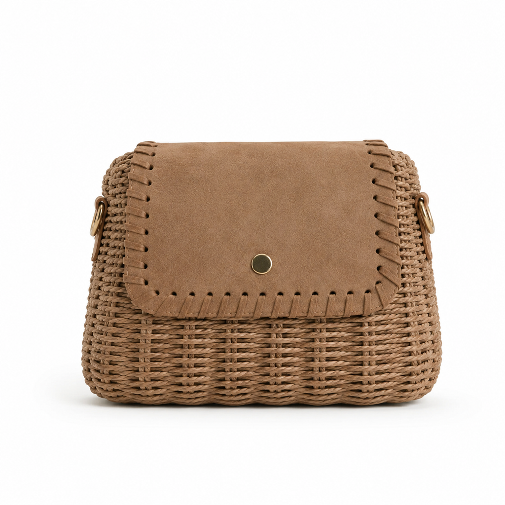 Wicker Crossbody Bag with Suede Flap – Dark