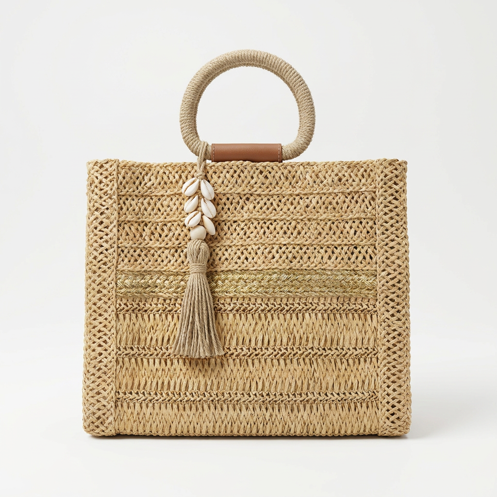 Natural Straw Ring Handle Tote Bag