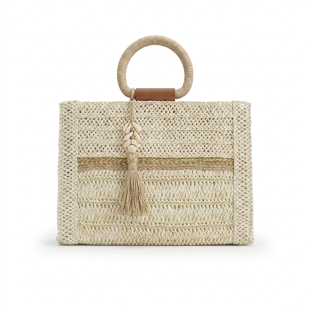 Ivory Straw Ring Handle Tote Bag