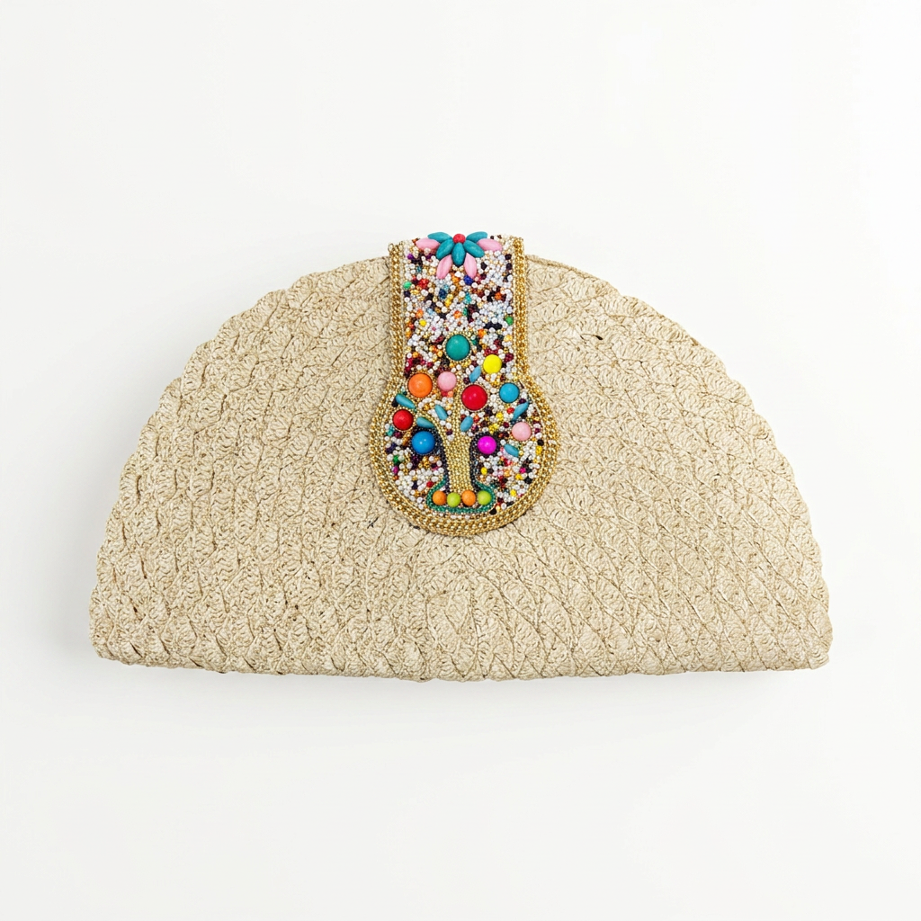 Straw Half-Moon Clutch with Beaded Clasp