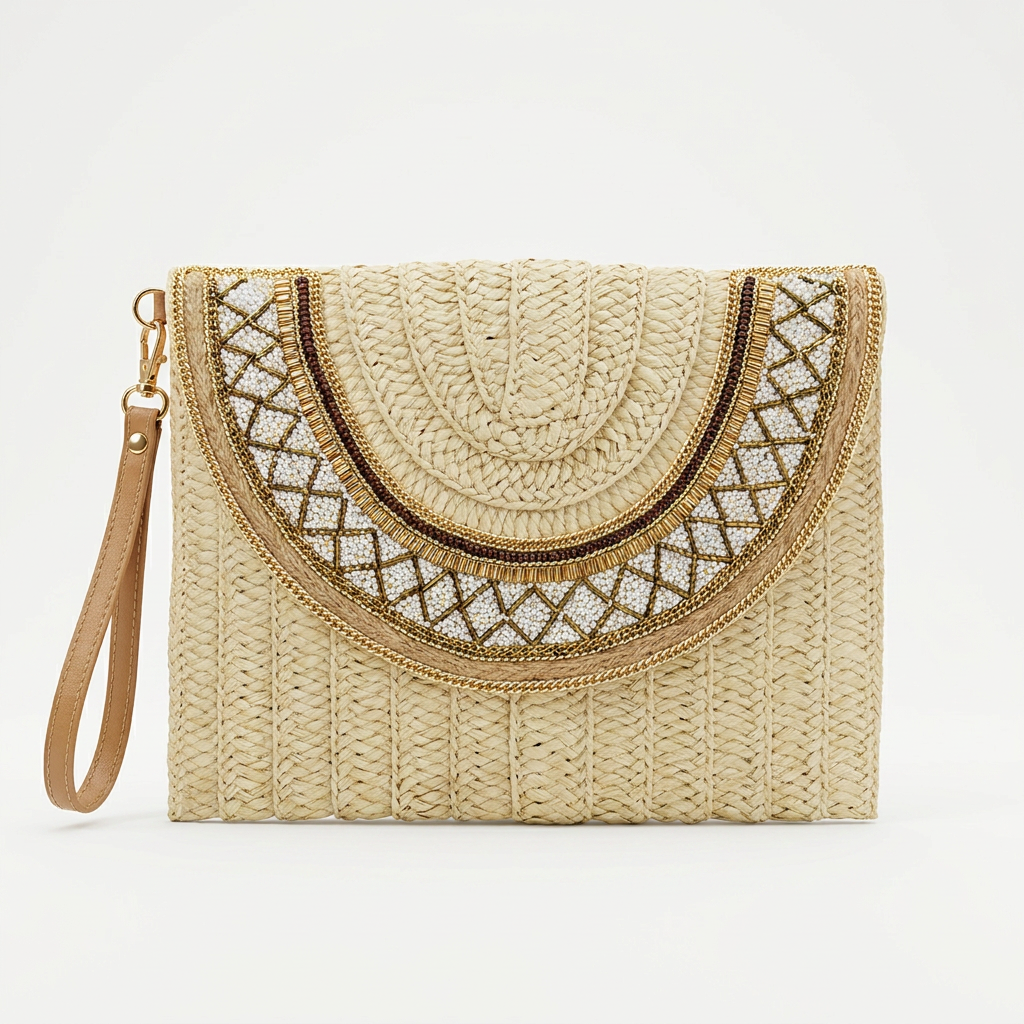 Straw Wristlet Clutch with Gold Beaded Trim