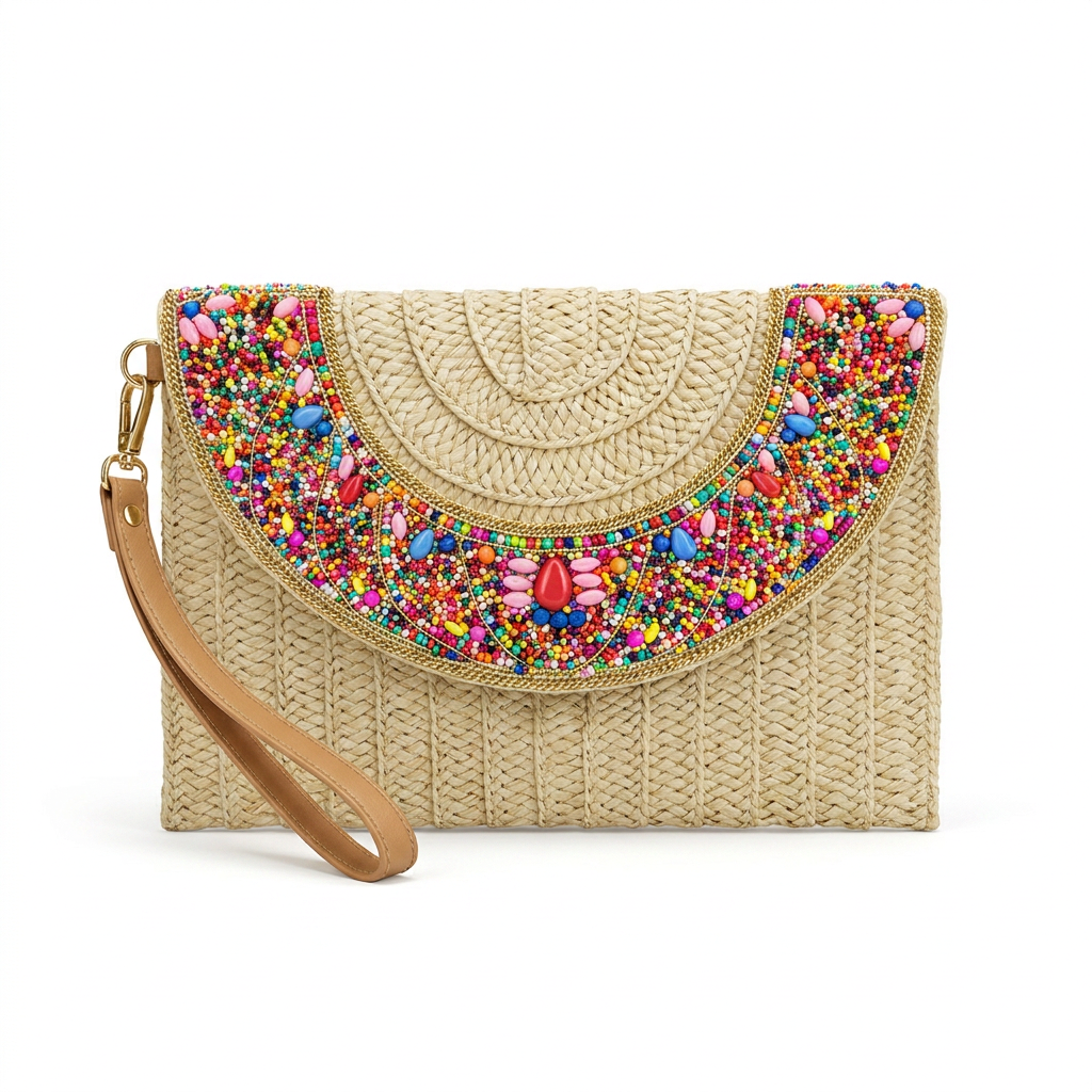 Straw Wristlet Clutch with Colorful Beaded Trim