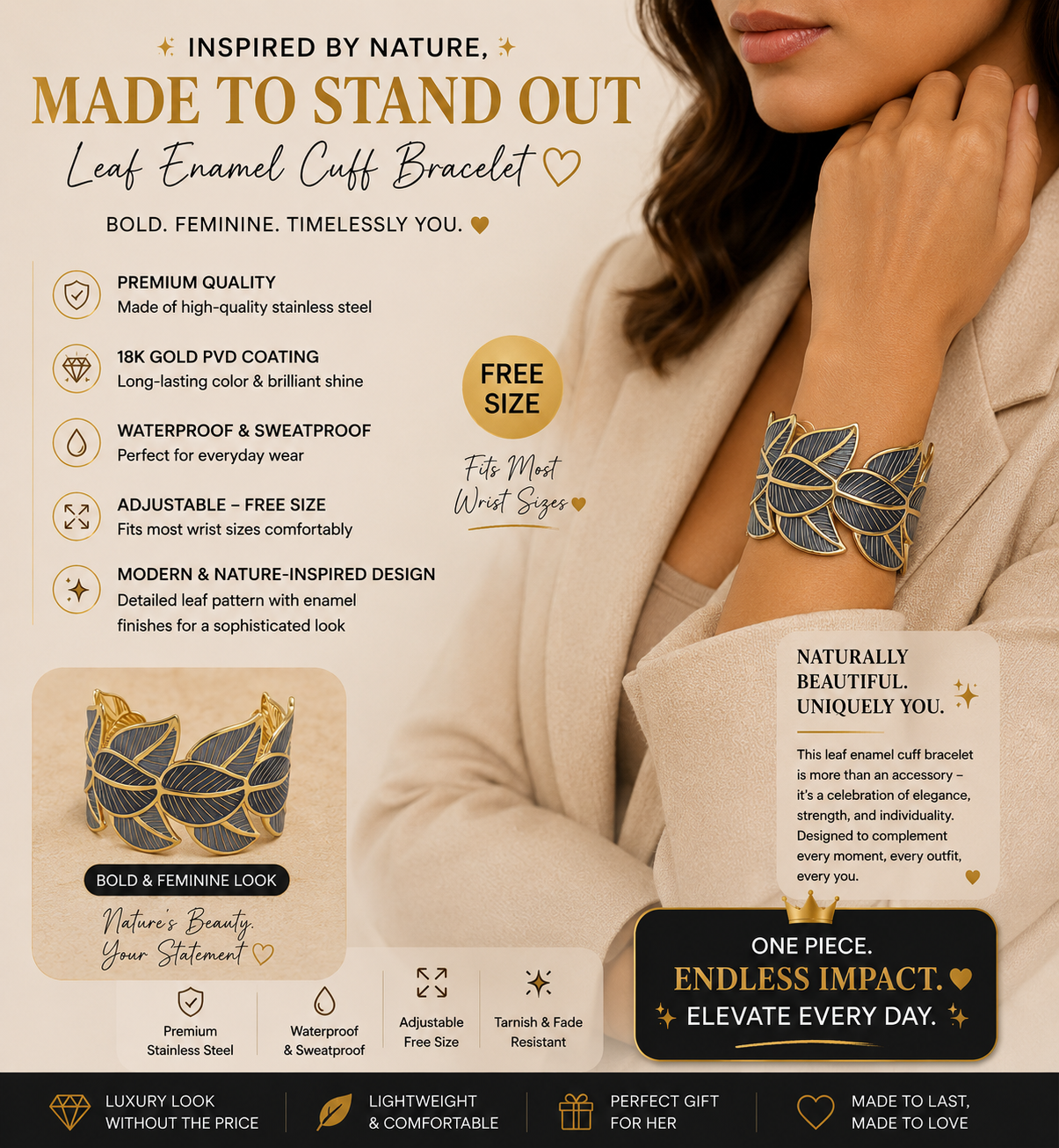 Two-Tone Enamel Leaf Cuff Bracelet