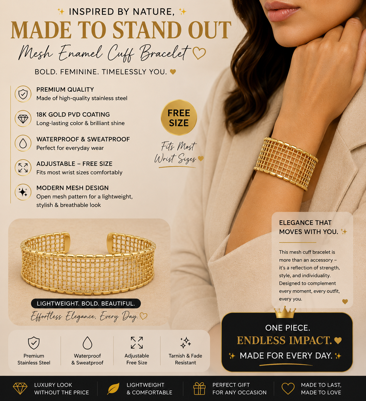 Gold Grid Mesh Cuff Bracelet