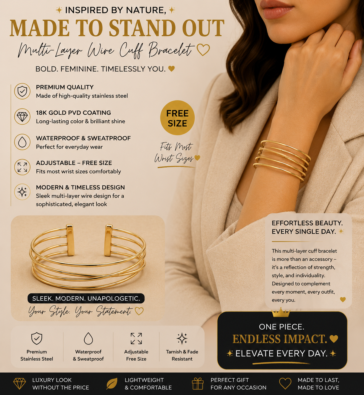 Gold Four-Wire Open Cuff Bracelet