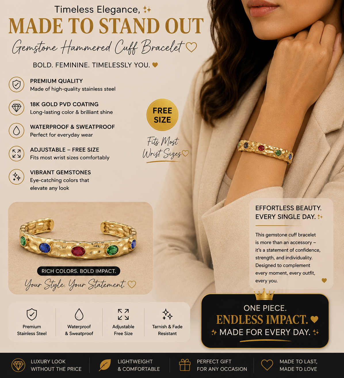 Gold Gemstone Hammered Cuff Bracelet
